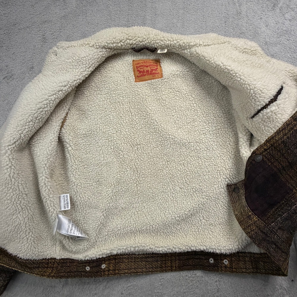 Levis Mens Sherpa Lined Plaid Trucker Jacket Brown Purple 16365-0168 Size L - Picture 4 of 11